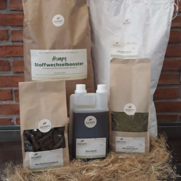 grosses-fellwechselpaket bestehend aus bio stoffwechselbooster, bio hanfschrot, bio protein leckerli, bio hanfschrot mit hanfblattpulver und bio hanföl